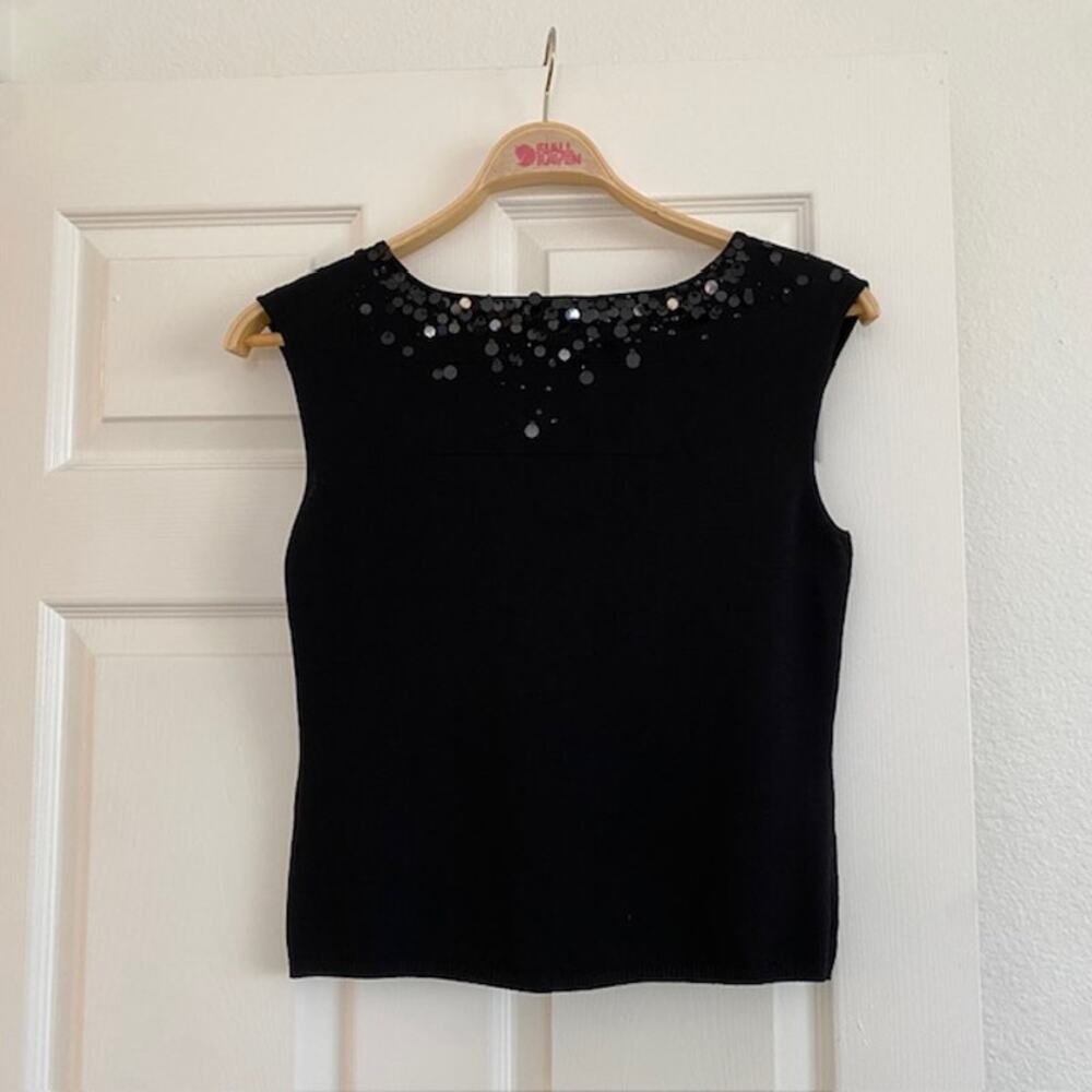 Kay Unger Black Sequin V-Neck Knit Sleeveless Top Celebration Wedding Women's XL - Picture 2 of 11